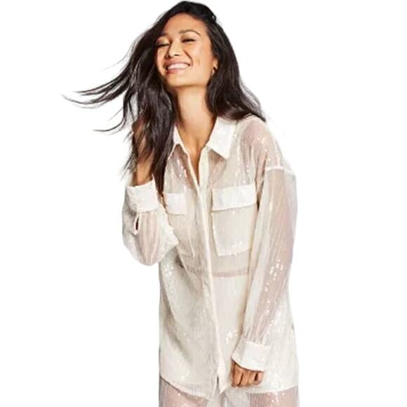 House of Harlow 1960 Tops - NWT House of Harlow 1960  Sheer Sequin Button Up Shirt Beige Womens Size XS